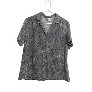 Graff Californiawear Blouse Vintage Paisley Grey Pink Short Sleeve Button Up